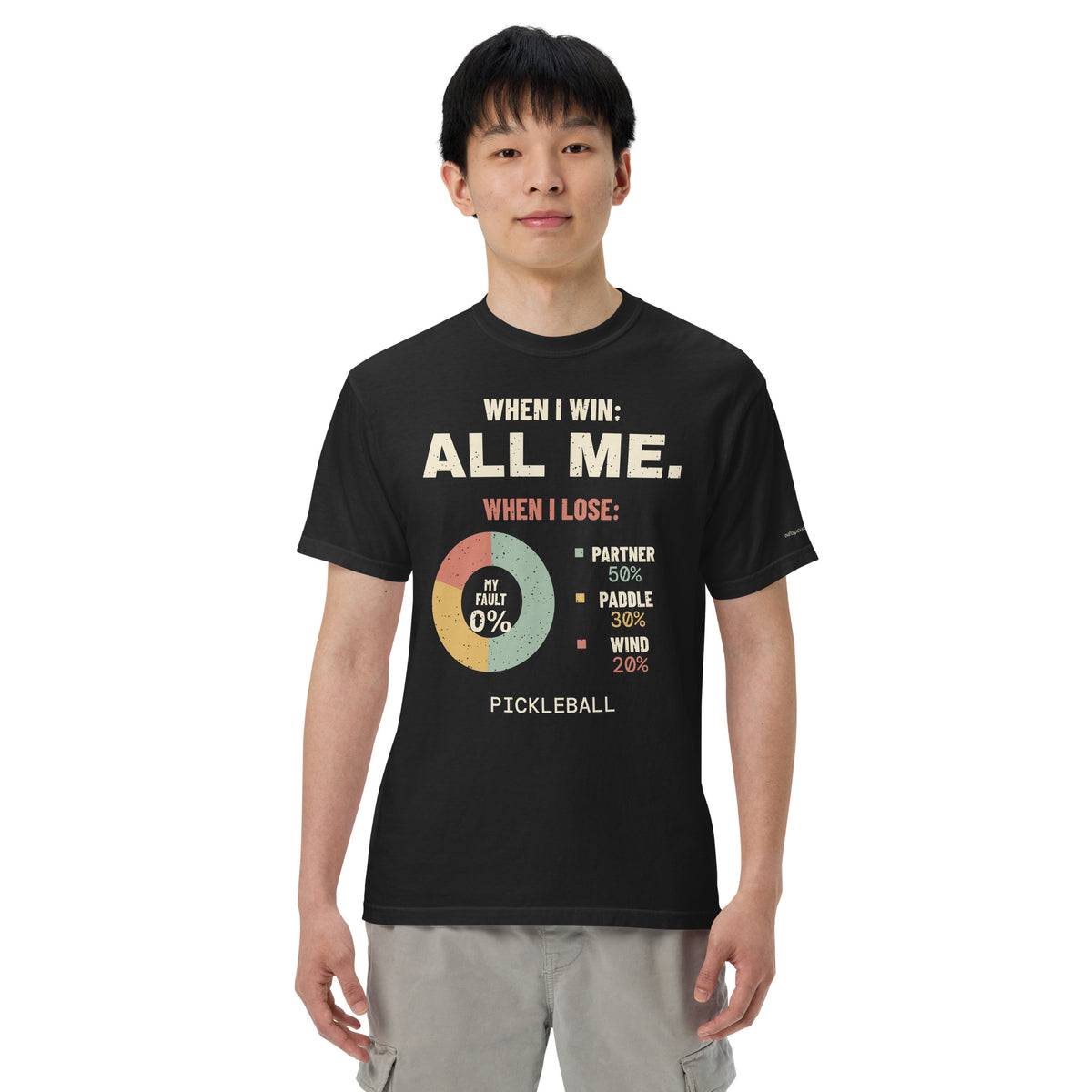 Model view of All Me When I Win Pickleball Tee in Black, complete artwork visible