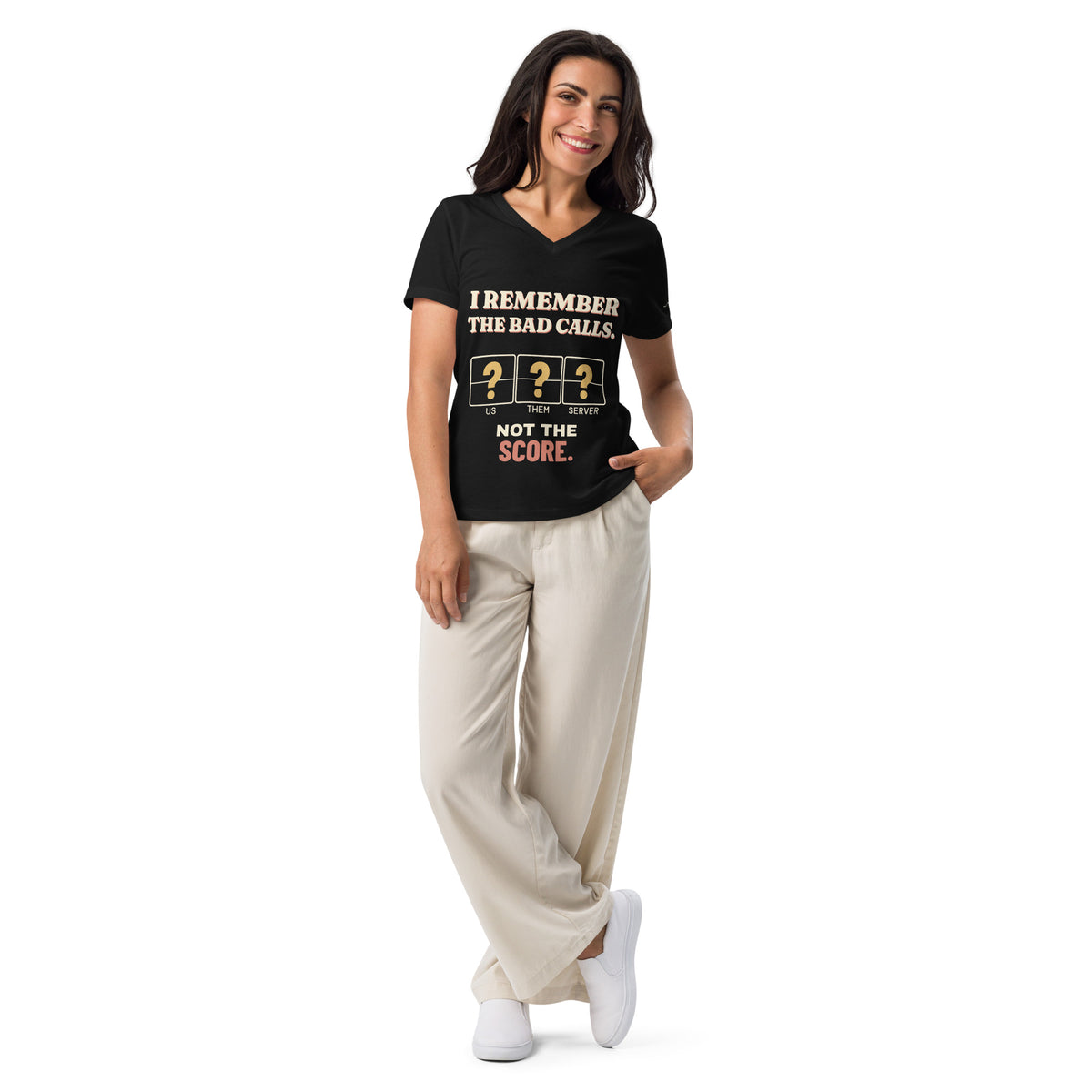 Untucked model view of Bad Calls, Not the Score women’s V-neck in Black