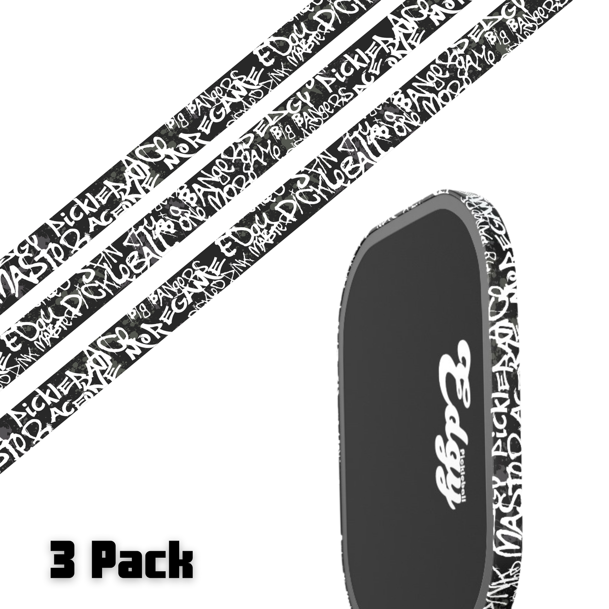 Edgy White Graffiti pickleball paddle edge tape three-pack