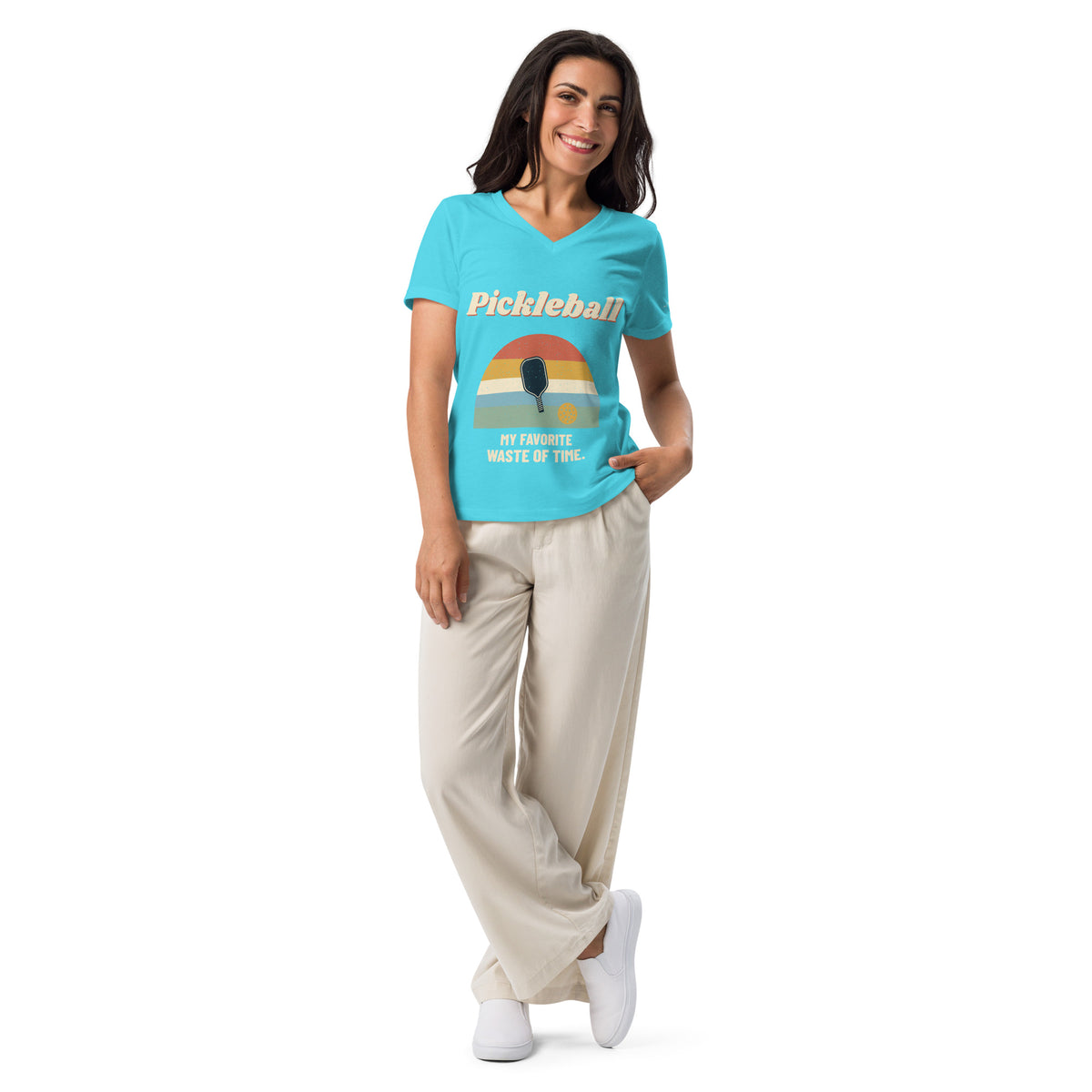 Untucked model view of Favorite Waste of Time women’s V-neck in Turquoise