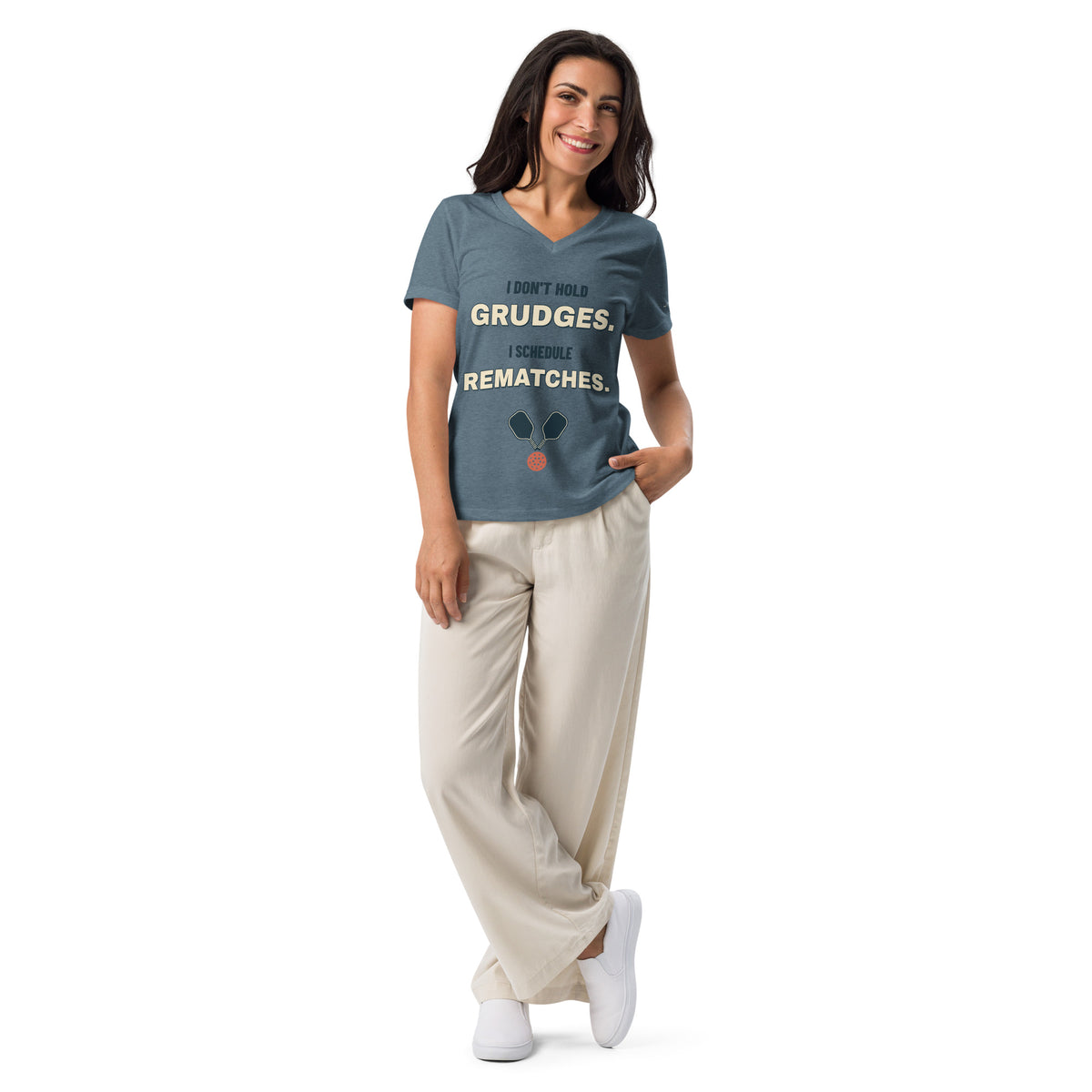 Untucked model view of I Schedule Rematches women’s V-neck in Heather Slate