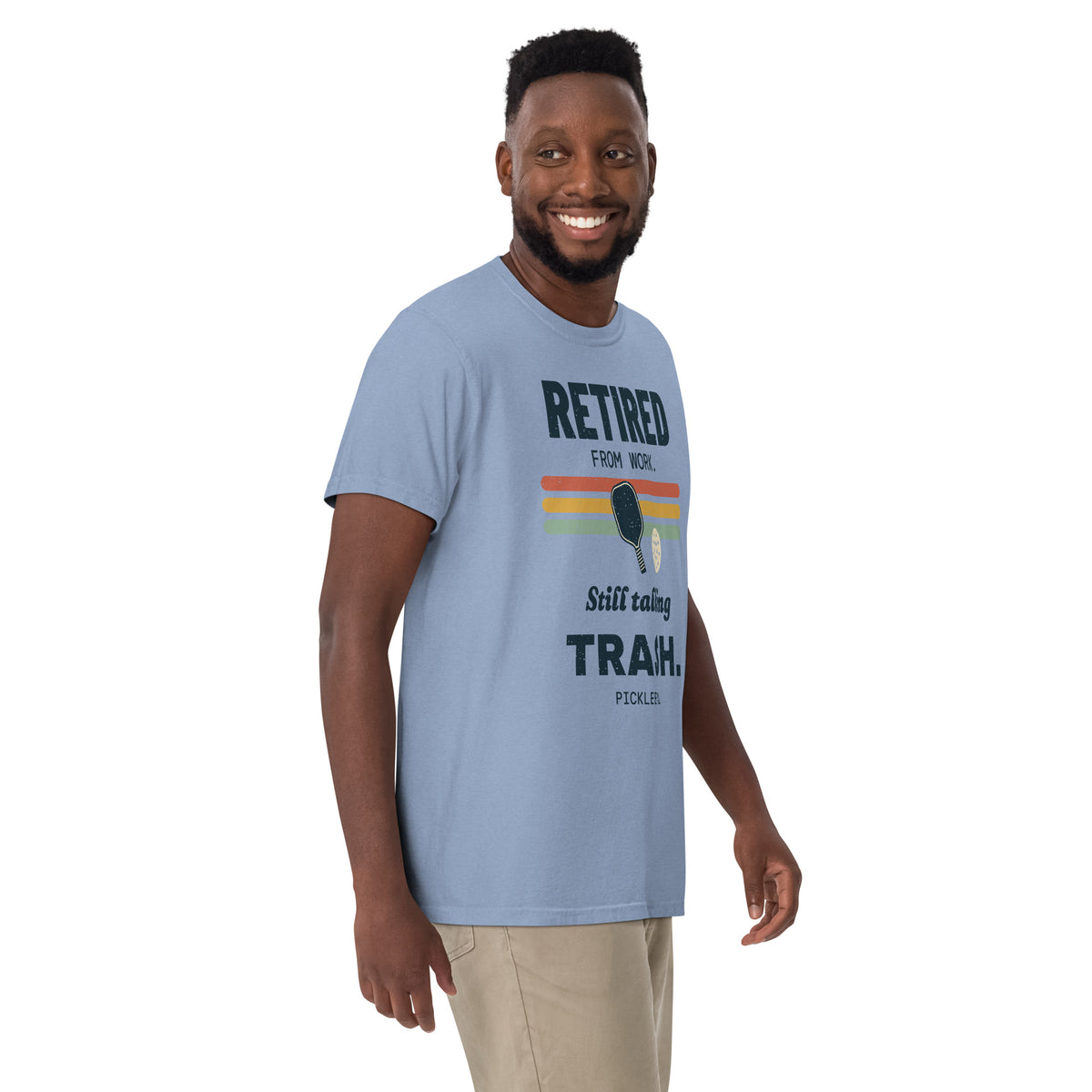 Model view of Retired, Still Talking Trash Pickleball Tee in Washed Denim
