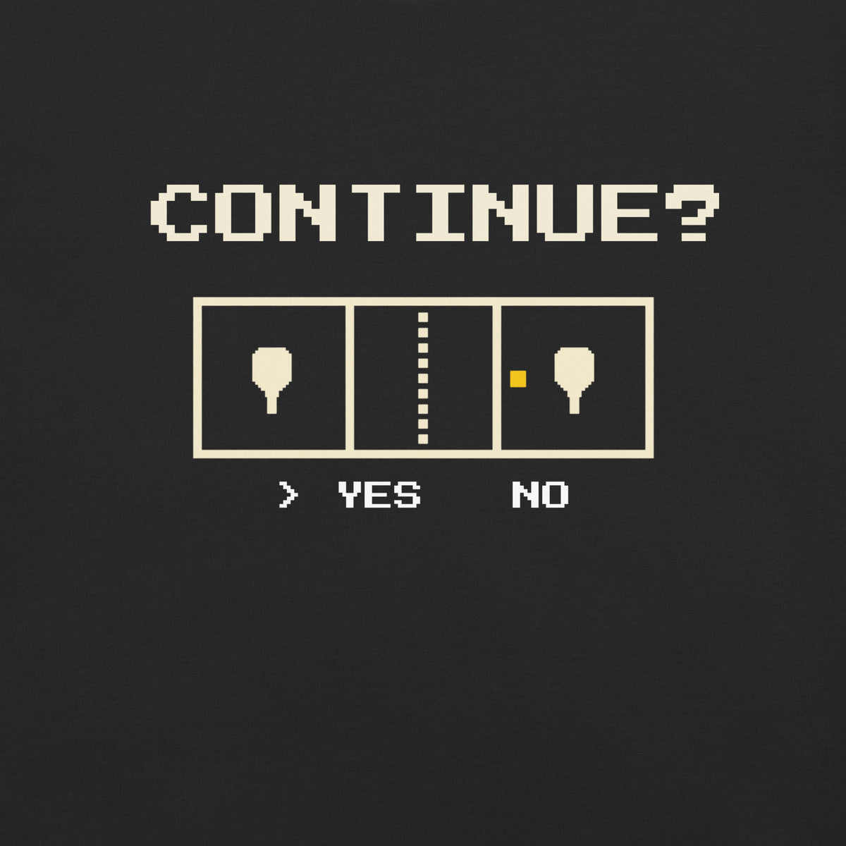 Close-up of the Black Continue? Pickleball Arcade Tee's cream pixel lettering and pickleball court artwork.