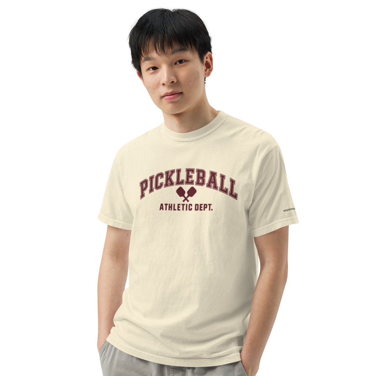 Ivory Pickleball Athletic Dept Tee in a lifestyle model portrait, with burgundy collegiate lettering.