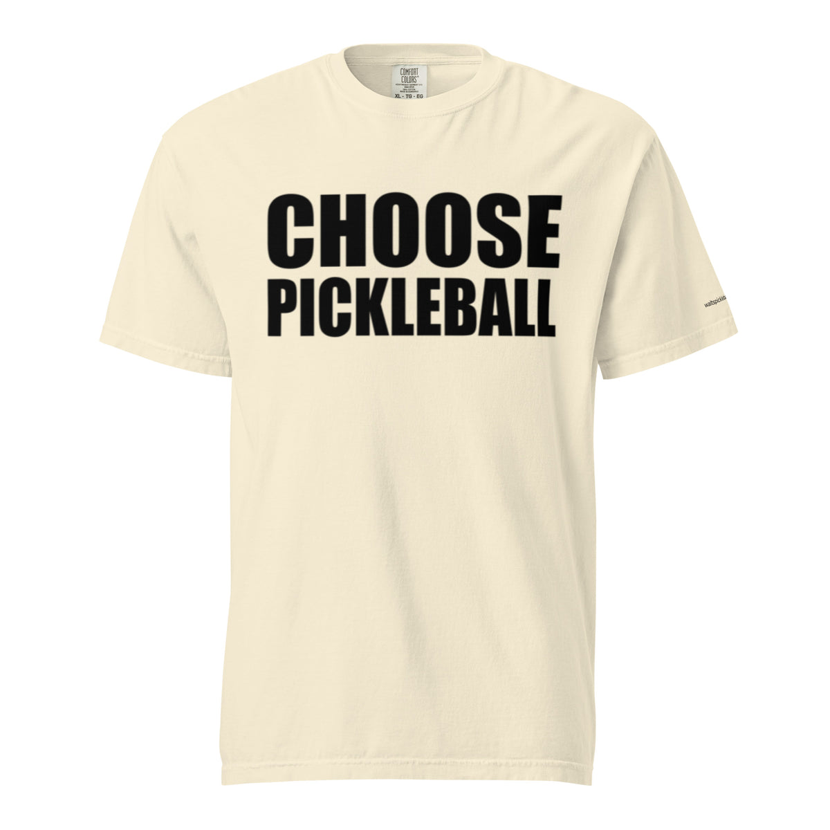 Ivory Choose Pickleball Tee on a shaped garment mockup, with bold black CHOOSE PICKLEBALL lettering.