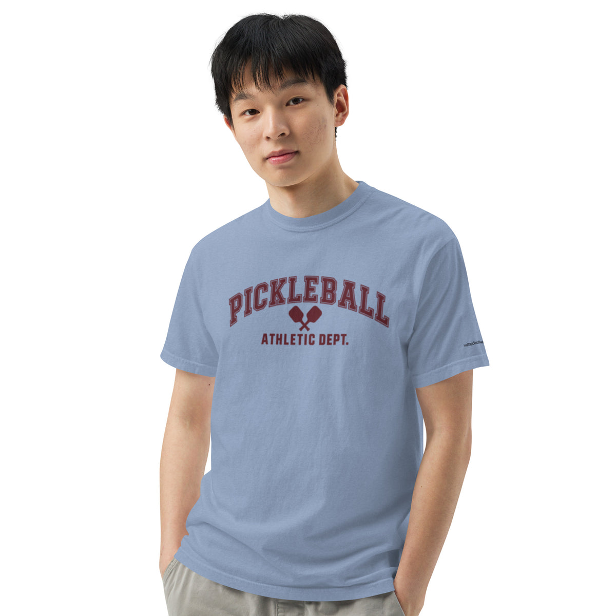 Washed Denim Pickleball Athletic Dept. Tee worn by a model, with burgundy collegiate lettering and pickleball paddles.