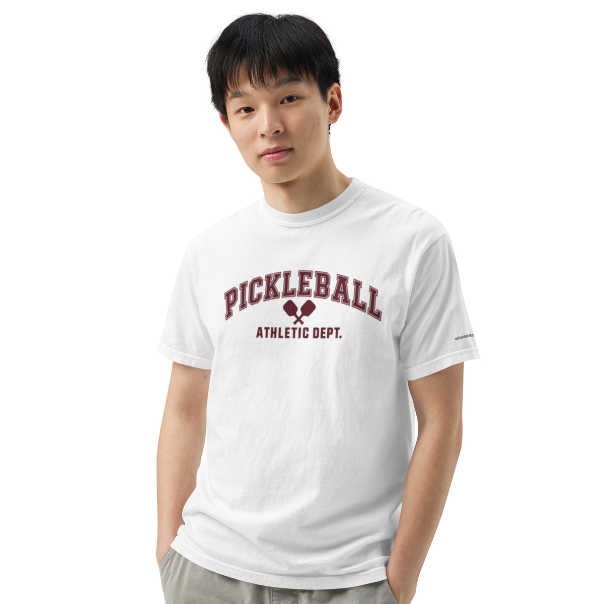 White Pickleball Athletic Dept Tee in a lifestyle model portrait, with burgundy collegiate lettering.