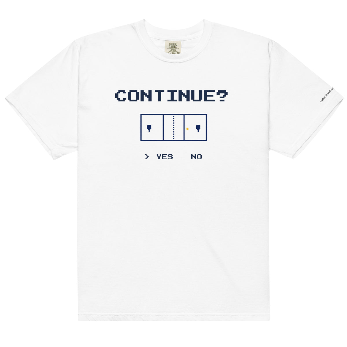 White Continue? Pickleball Arcade Tee in a front flat lay, with pixel CONTINUE? lettering, a pickleball court and YES selected.
