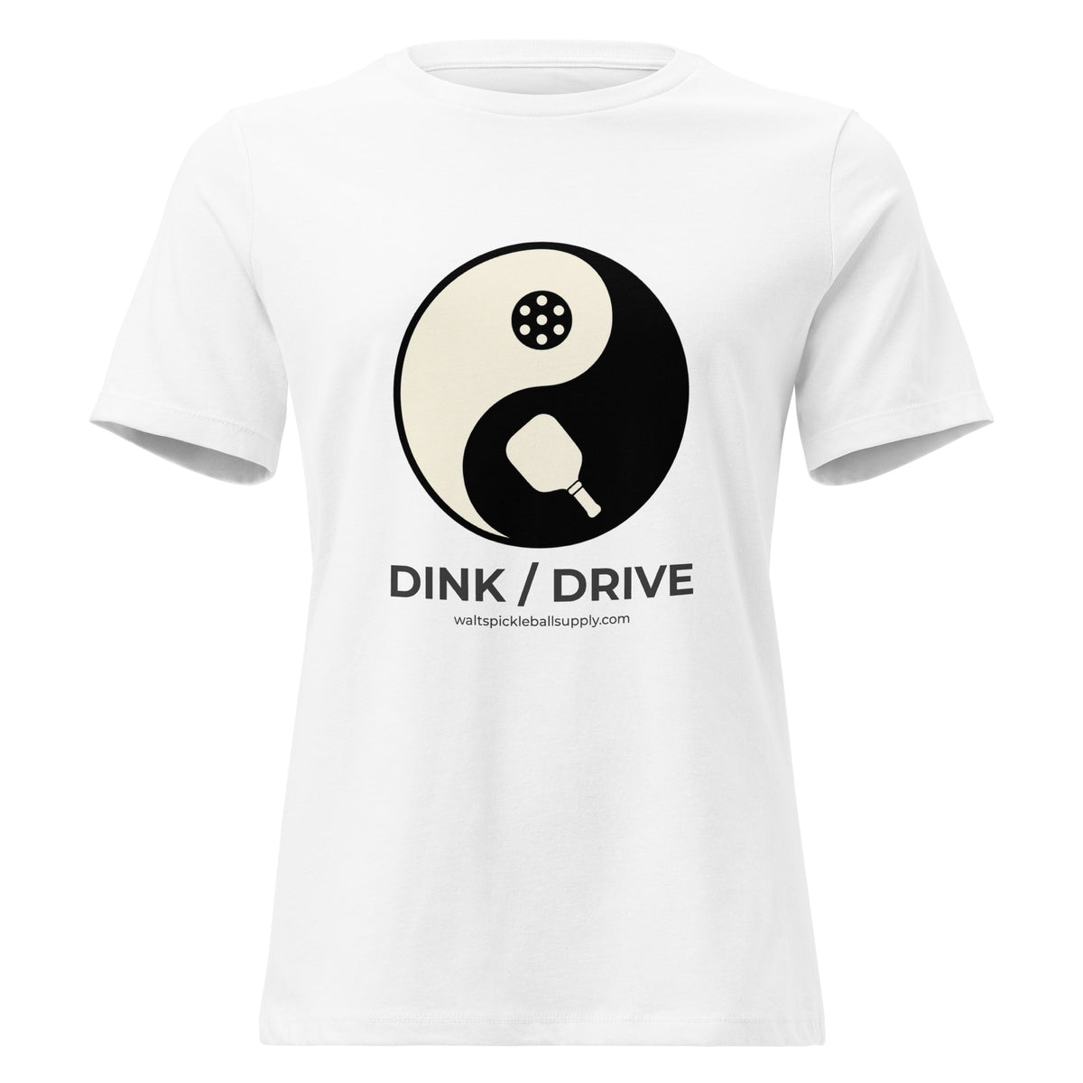 White Dink / Drive Balance Women's Tee on a shaped garment mockup, with a yin-yang graphic featuring a paddle and a pickleball.