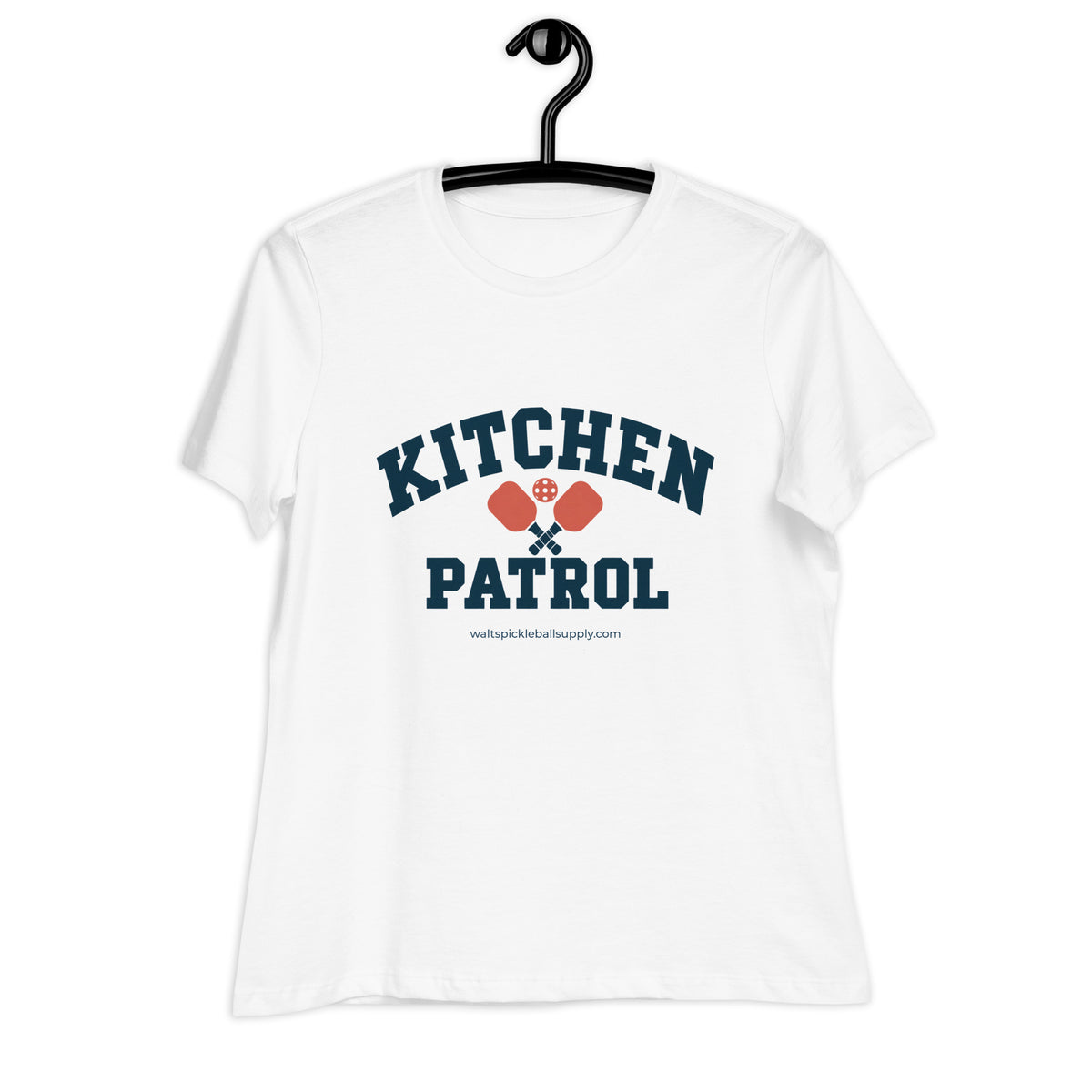 White Kitchen Patrol Women's Tee on a hanger, with collegiate KITCHEN PATROL lettering.