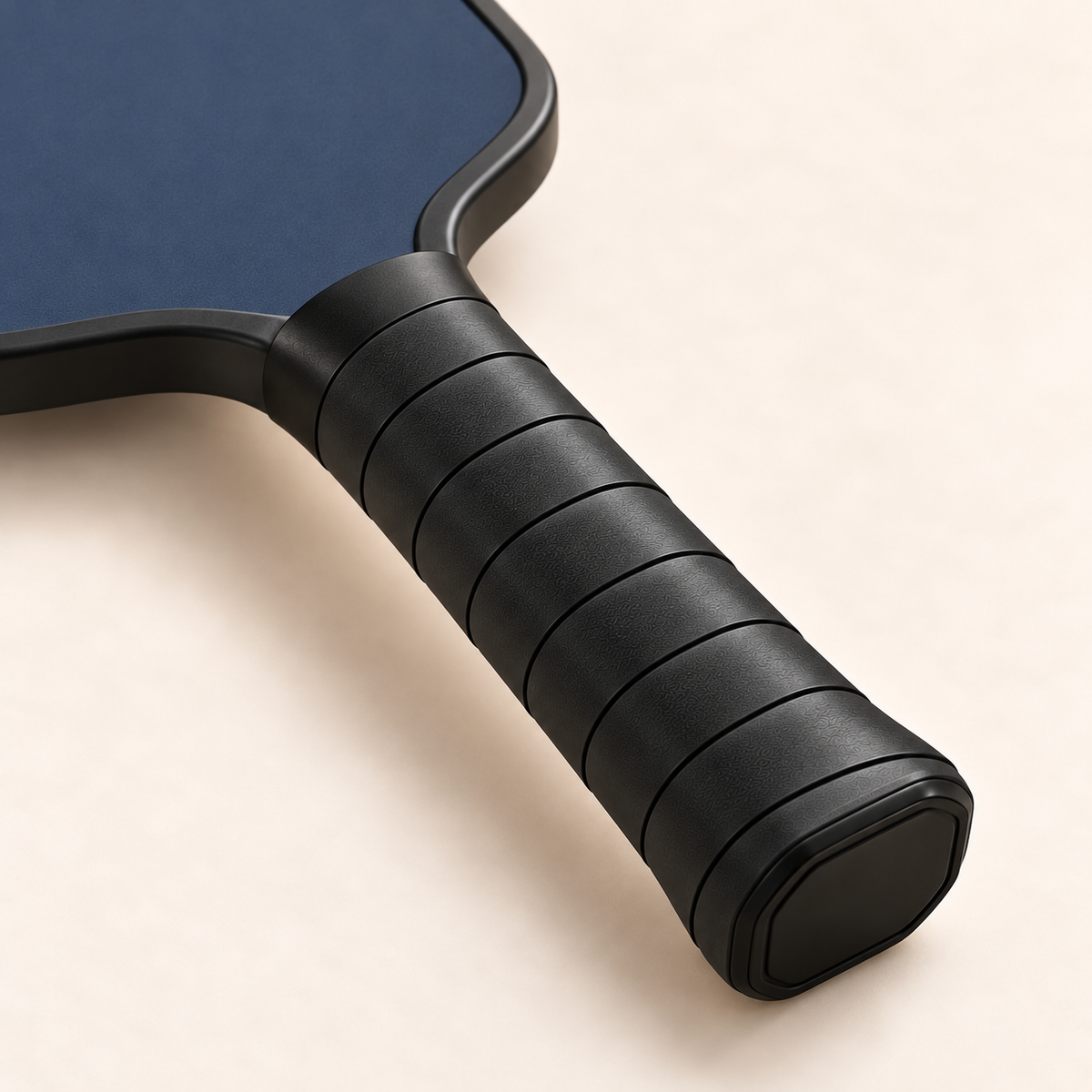 Black WPS overgrip application mockup on an unbranded slate-blue paddle; paddle not included