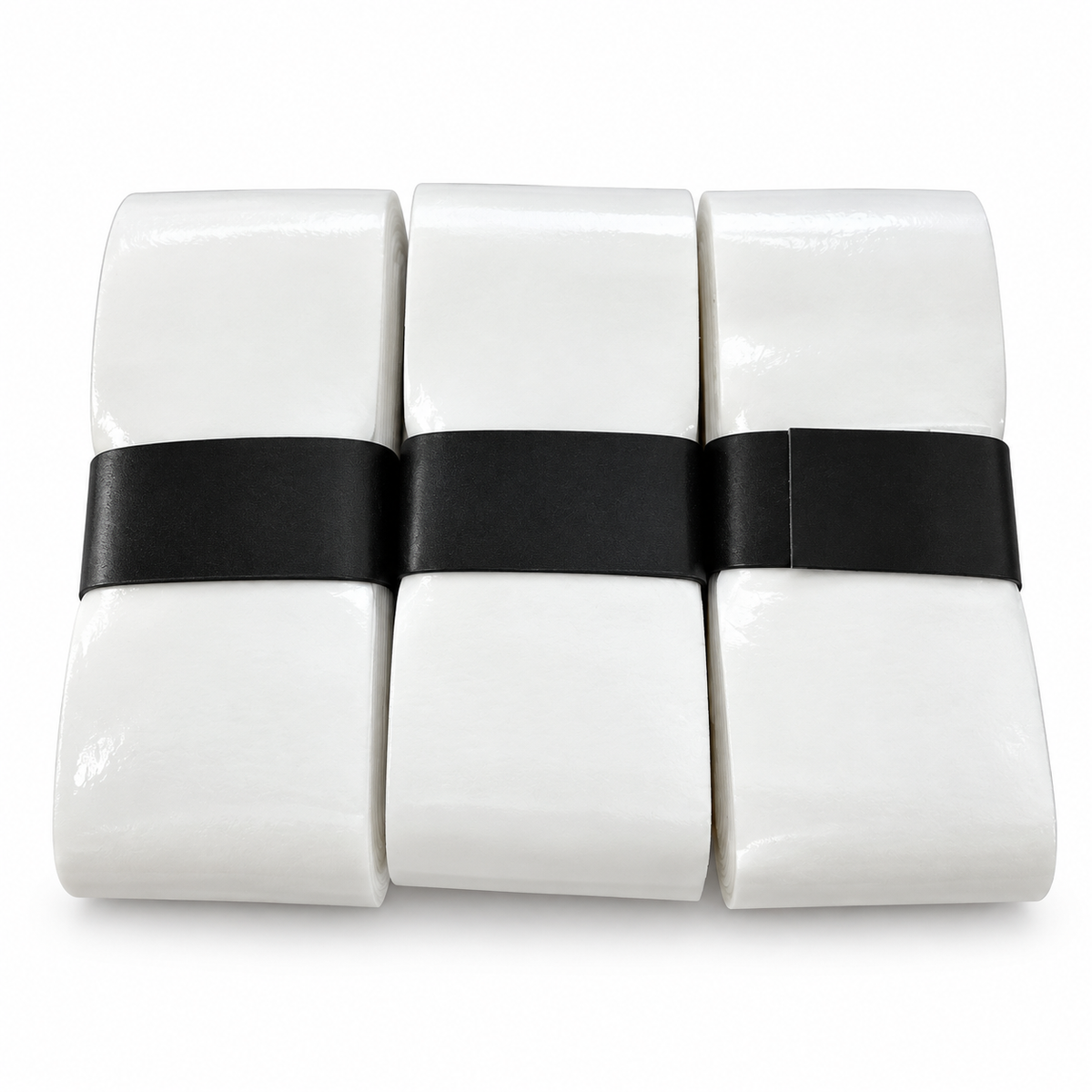Three white WPS pickleball overgrips with plain black bands