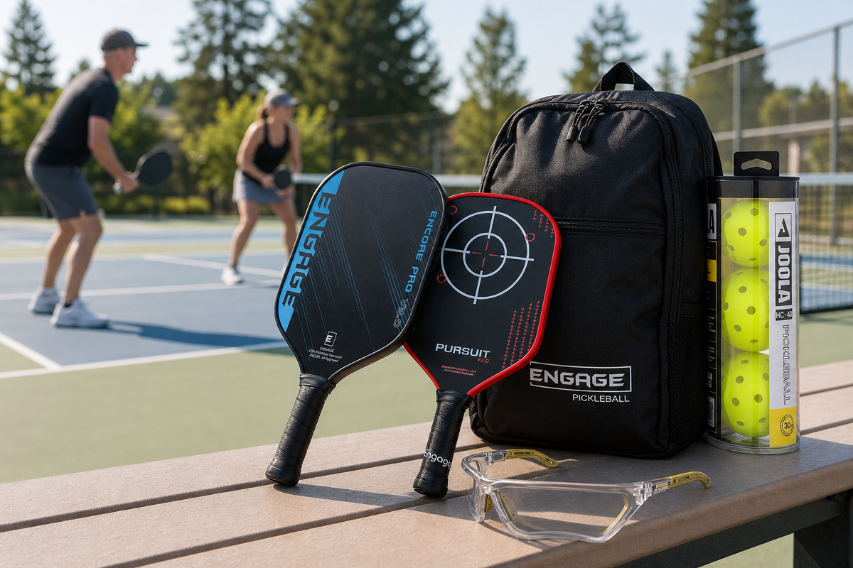 Beginner pickleball gear on an outdoor court