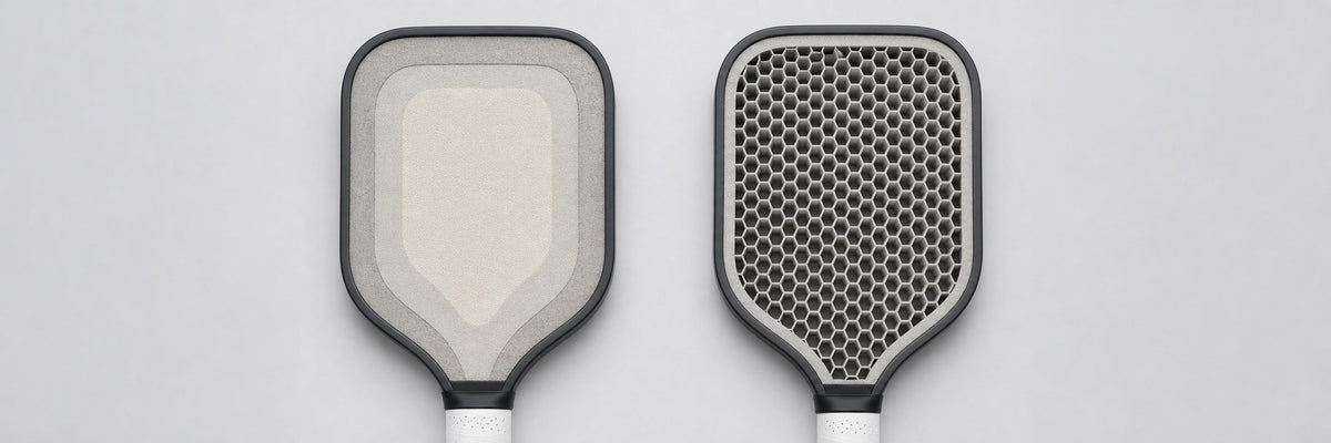 Full foam and polypropylene honeycomb pickleball paddle cores shown side by side