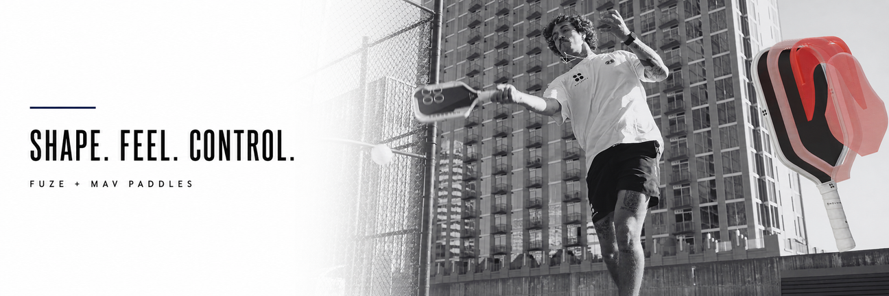 Holbrook pickleball player hitting a forehand beside Fuze paddle models
