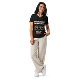 Untucked model view of Bad Calls, Not the Score women’s V-neck in Black