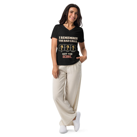 Untucked model view of Bad Calls, Not the Score women’s V-neck in Black