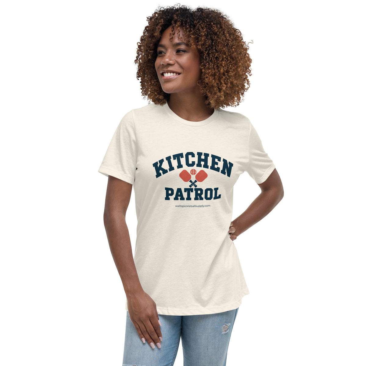 Untucked model view of Kitchen Patrol women’s tee in Natural, complete design visible