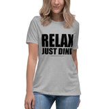 Untucked model view of Relax, Just Dink women’s tee in Athletic Heather, complete lettering visible