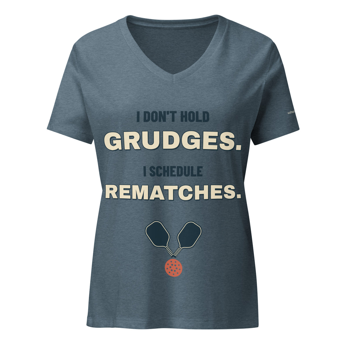 Full shirt view of I Schedule Rematches women’s V-neck in Heather Slate