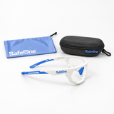 SafeOne AEGIS Alpine White glasses with branded blue pouch and zippered protective case