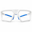 SafeOne AEGIS lensless pickleball glasses in Alpine White with blue nose pads and temple tips, front view