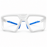 SafeOne AEGIS lensless pickleball glasses in Alpine White with blue nose pads and temple tips, front view