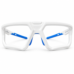 SafeOne AEGIS lensless pickleball glasses in Alpine White with blue nose pads and temple tips, front view