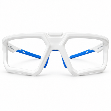 SafeOne AEGIS lensless pickleball glasses in Alpine White with blue nose pads and temple tips, front view