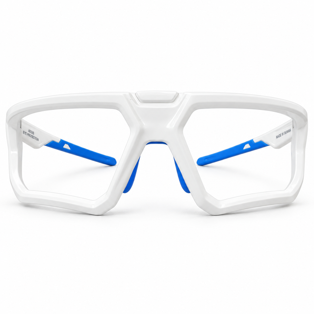 SafeOne AEGIS lensless pickleball glasses in Alpine White with blue nose pads and temple tips, front view
