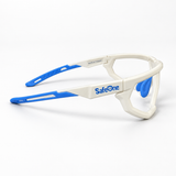 SafeOne AEGIS Alpine White pickleball glasses, side view showing blue temple tips