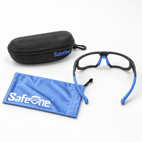 SafeOne AEGIS Phantom Black glasses with blue pouch and zippered protective case