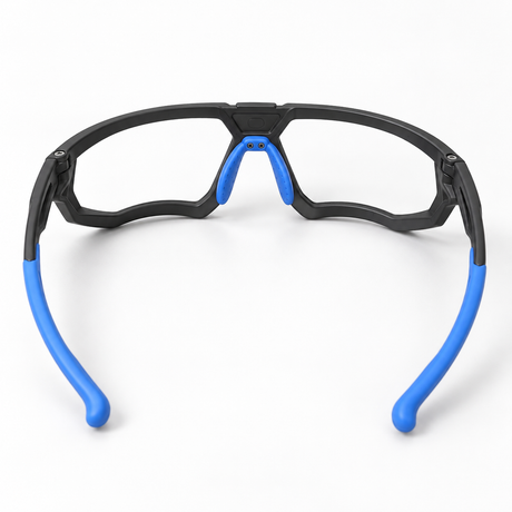 Rear view of SafeOne AEGIS Phantom Black glasses showing blue nose pads
