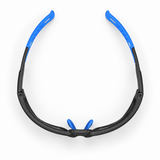 Top view of SafeOne AEGIS Phantom Black lensless glasses with blue temple tips