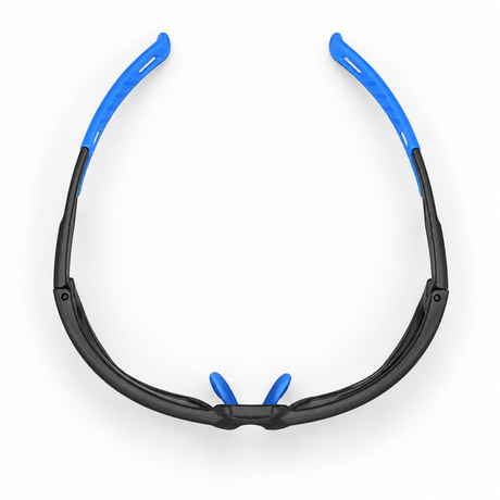 Top view of SafeOne AEGIS Phantom Black lensless glasses with blue temple tips
