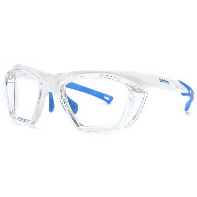 SafeOne Gen 2 Alpine White lensless pickleball glasses, angled studio view