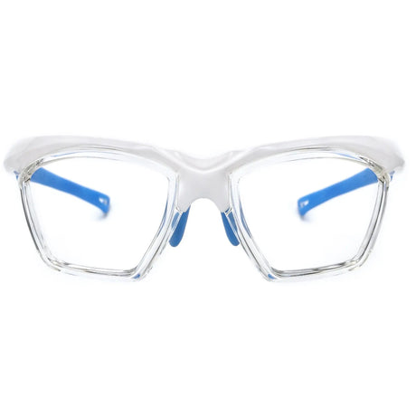 SafeOne Gen 2 Alpine White glasses with clear frame openings and blue accents, front view