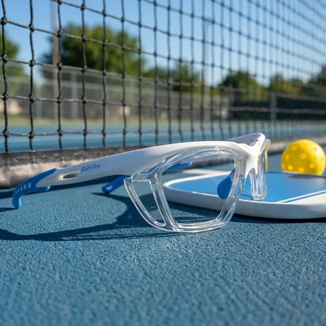 SafeOne Gen 2 Alpine White glasses beside a paddle and yellow pickleball on court