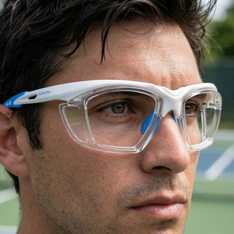 Close-up of a player wearing SafeOne Gen 2 Alpine White lensless glasses