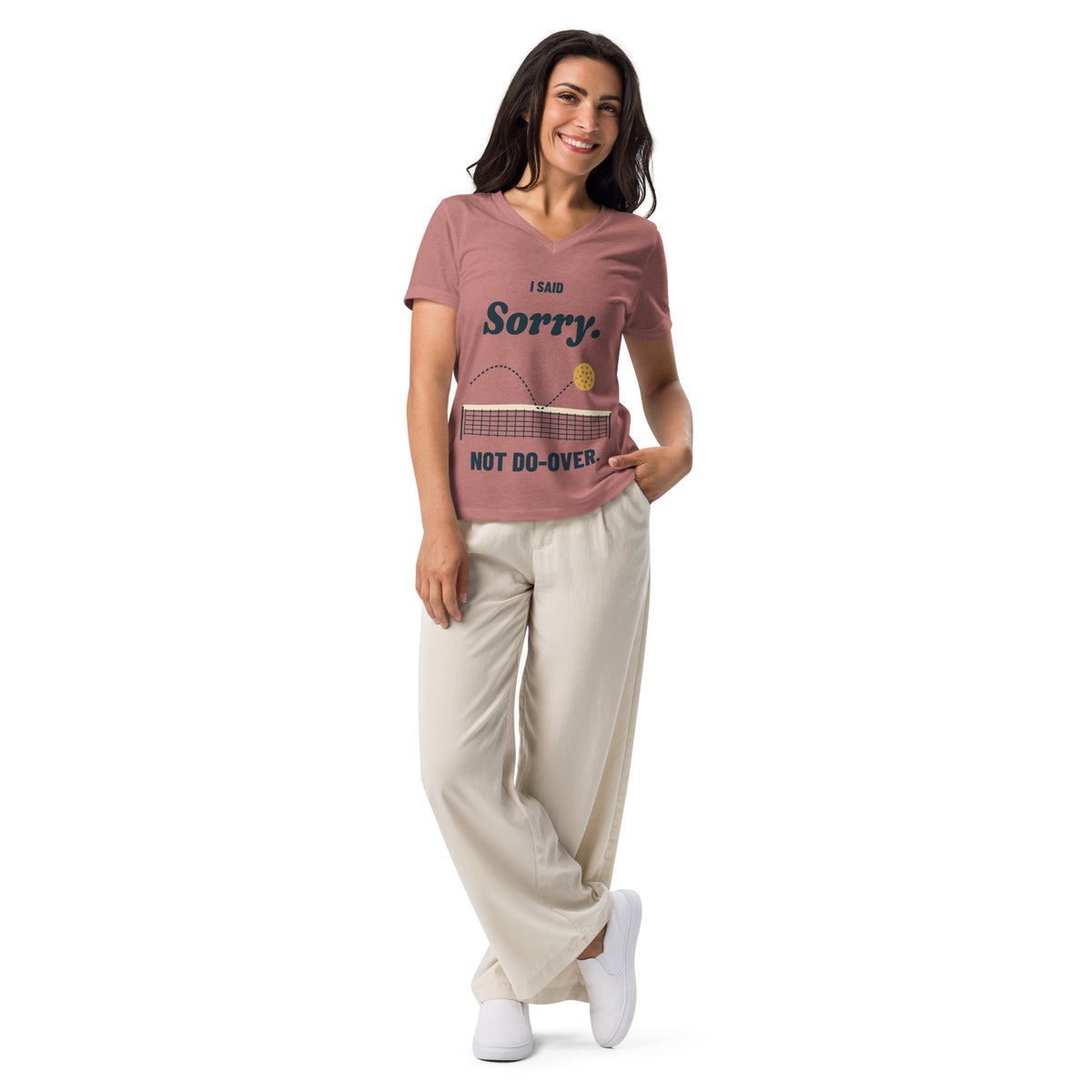 Model wearing the Heather Mauve Sorry, Not Do-Over V-neck, untucked with the entire net design visible