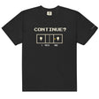 Black Continue? Pickleball Arcade Tee in a front flat lay, with pixel CONTINUE? lettering, a pickleball court and YES selected.