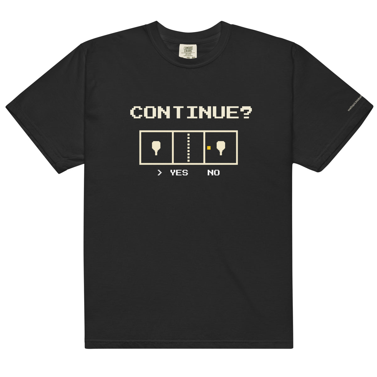Black Continue? Pickleball Arcade Tee in a front flat lay, with pixel CONTINUE? lettering, a pickleball court and YES selected.