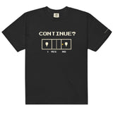 Black Continue? Pickleball Arcade Tee in a front flat lay, with pixel CONTINUE? lettering, a pickleball court and YES selected.