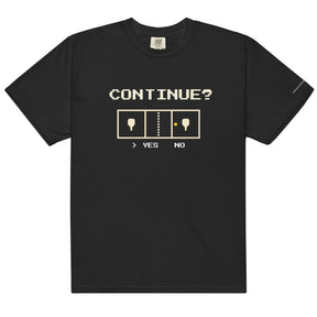 Black Continue? Pickleball Arcade Tee in a front flat lay, with pixel CONTINUE? lettering, a pickleball court and YES selected.