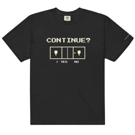 Black Continue? Pickleball Arcade Tee in a front flat lay, with pixel CONTINUE? lettering, a pickleball court and YES selected.