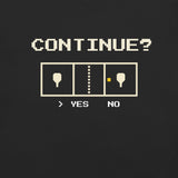 Close-up of the Black Continue? Pickleball Arcade Tee's cream pixel lettering and pickleball court artwork.