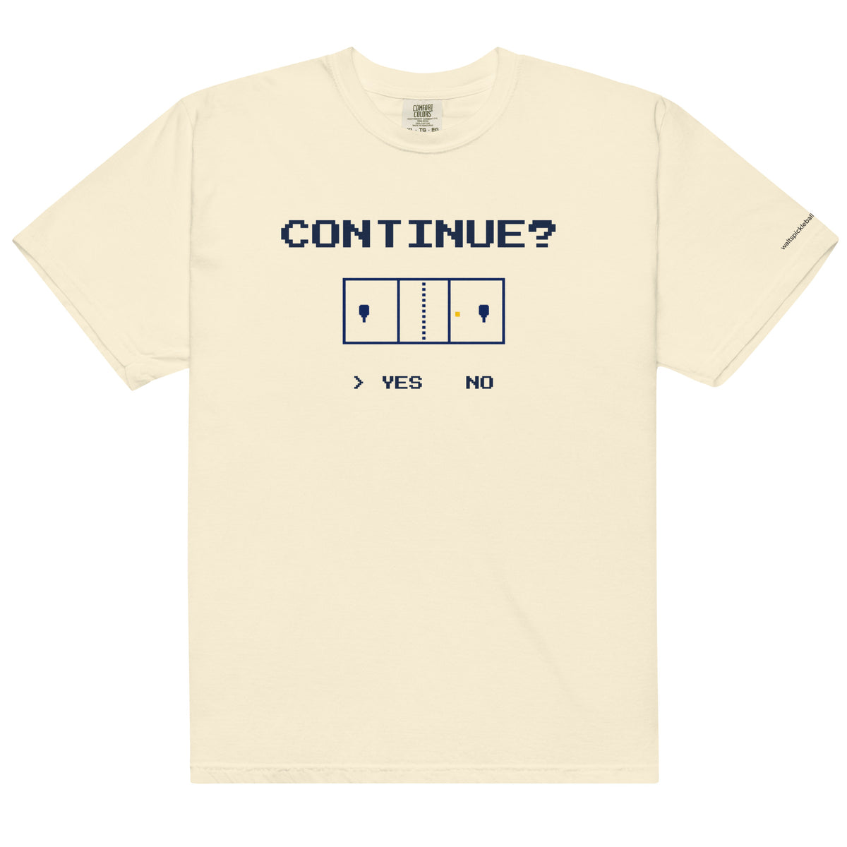 Ivory Continue? Pickleball Arcade Tee in a front flat lay, with pixel CONTINUE? lettering, a pickleball court and YES selected.