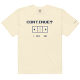 Ivory Continue? Pickleball Arcade Tee in a front flat lay, with pixel CONTINUE? lettering, a pickleball court and YES selected.