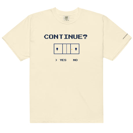 Ivory Continue? Pickleball Arcade Tee in a front flat lay, with pixel CONTINUE? lettering, a pickleball court and YES selected.