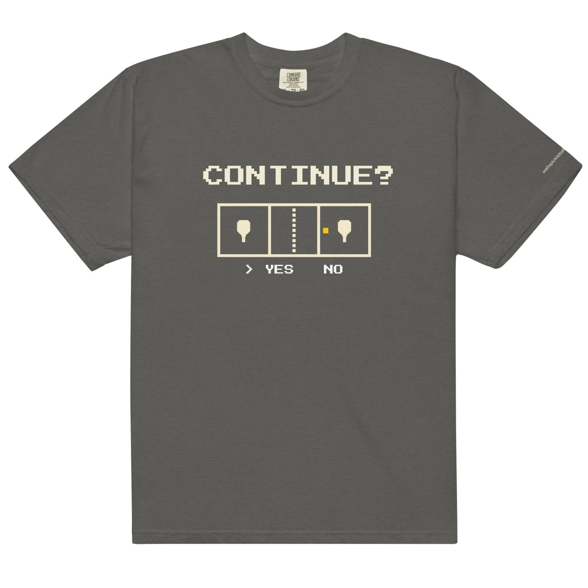 Pepper Continue? Pickleball Arcade Tee in a front flat lay, with pixel CONTINUE? lettering, a pickleball court and YES selected.